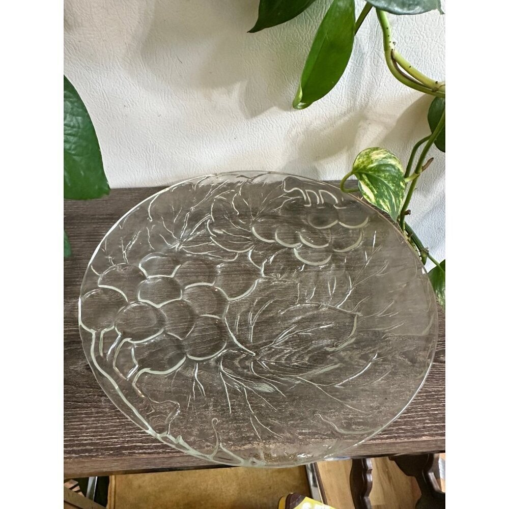 Clear Glass Serving Platter with Grape and Leaf Design